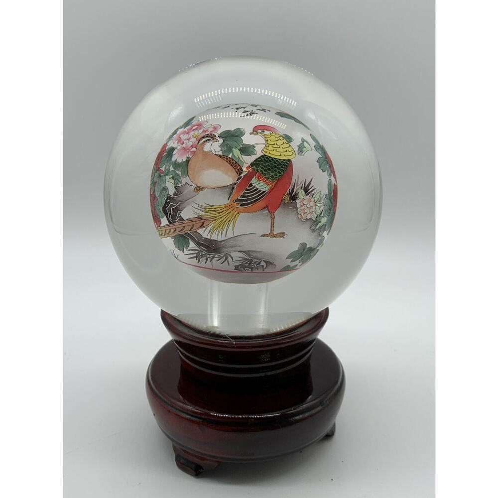 Vntg Chinese Reverse Hand Painted Crystal Ball Rotating Stand Birds Signed